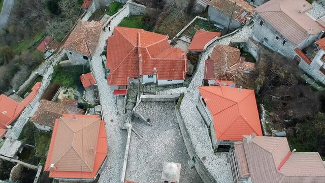 Aerial view over the beautiful historical village Dimitsana during winter period in Arcadia, Peloponnese, Greece