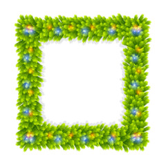 Square frame of fir branches with shadow and glittering lights