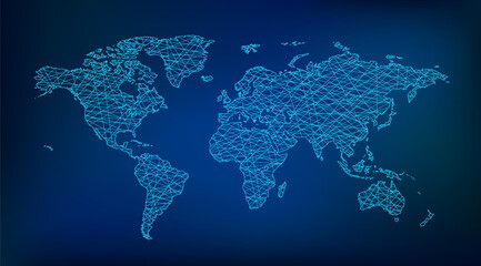Fototapeta na wymiar world map vector illustration. Global glowing blue connection map symbolizing international network, trade, digital technology, hightech, cyberspace or communication.