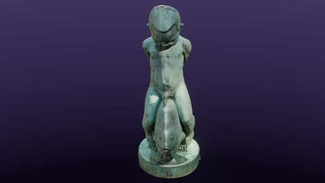 Fountain figure Putto on fish by Adam Phol from 1924, cg, camera orbits
