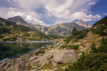 Panoramic view of mountain lake in Pirin mountains, Bulgaria.