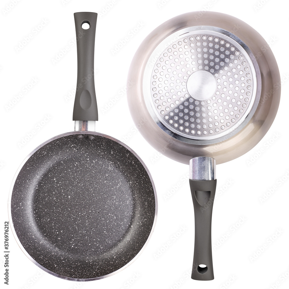 Wall mural frying pan set inner and outer side on white background, isolated. top view