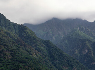 Mountain landscape with blue sky. Panoramic view of green hills.