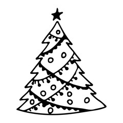 Christmas tree with a star, decorated with a garland and balls.  Vector illustration in doodle style.