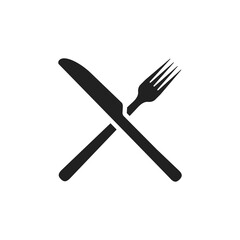Fork and knife icon flat vector illustration. Silhouette of the silverware restaurant cutlery for dining on plate isolated on a white background designed for pub, cafe, and food court sign or logo V2