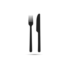Fork and knife icon flat vector illustration. Black silhouette of the silverware cutlery for dining isolated on a white background designed for restaurant or cafe sign/logo. Simple tableware set V1
