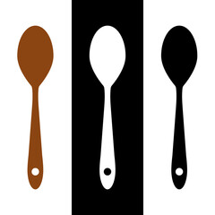 Wooden spoon vector icon black, white and natural wood color silhouette. Set of kitchen traditional stir for cooking and mixing simple illustration concept. Chef ladle design in flat front view V1