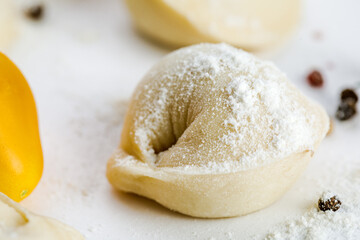 Raw dumplings, frozen homemade dumplings, on a white background.