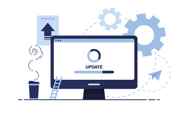 Vector banner illustration of business marketing. Workplace at home, in the office. Computer, PC. Update, download, improvements. Screen page. Settings, software. Blue. On white background. Eps 10
