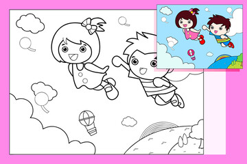 Coloring - little boy and girl flying on sky