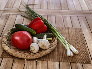 Still Life Of Fresh Organic Vegetables On Wooden Plate Over Wooden Background, Selective Focus,