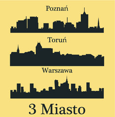 Warsaw, Poznan, Torun 3 city silhouette in Poland - obrazy, fototapety, plakaty