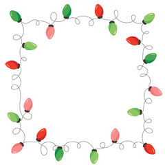 Vector Retro Colorful Holiday Christmas and New Year Intertwined String Lights Square Frame on White Background. Winter Holiday Circular Decorative Element Perfect for Invitations, Postcards