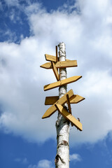 Blank Rustic wooden signpost against blue sky