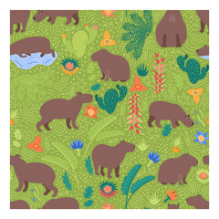 seamleaa pattern on green with capybaras