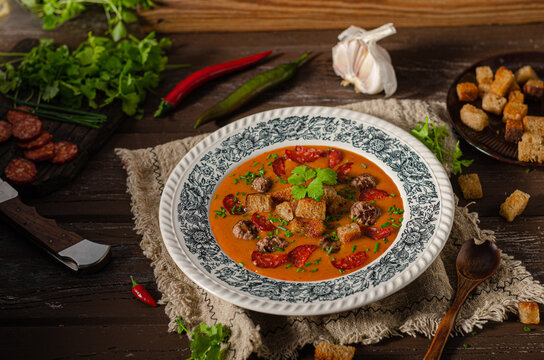 Goulash soup with beef and spicy sausage