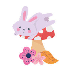 cute bunny jumping mushroom and flowers autumn season isolated icon style