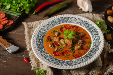 Goulash soup with beef and spicy sausage