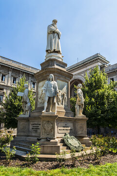 The Leonardo da Vinci monument (1872) at Piazza della Scala. Milan, Italy.