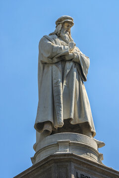 The Leonardo da Vinci monument (1872) at Piazza della Scala. Milan, Italy.