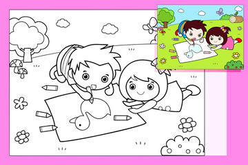 Coloring - little boy and girl at garden