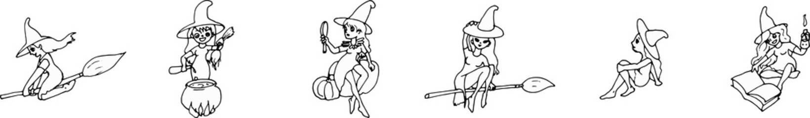 set of design elements to Halloween. Doodle-style witches painted with black concrom on a white background