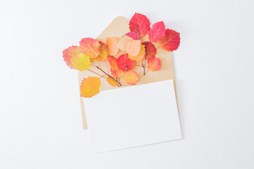 Mockup white greeting card and envelope with colorful autumn leaves on a white background