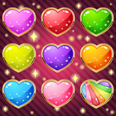 Jelly of hearts in border gold for match 3 puzzle game. Vector illustration.