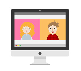 Video call conference, vector flat design illustration of a couple in a virtual meeting session on computer screen display, isolated on white background.