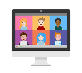Video call conference, vector flat design illustration of a group of people in a virtual meeting session on computer screen display, isolated on white background.