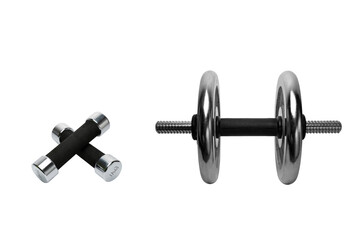 Load progression. Weight gain in training, small and large dumbbells isolated on white background