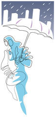 One continuous line drawing of young woman with umbrella walking alone in the street.
Simple one line drawing of  rainy weather.