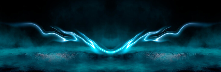 Night scene with reflection of neon light in the water. Liquid, puddles, flooding. Rays and lines in neon. Modern abstraction landscape, night view. 3D illustration