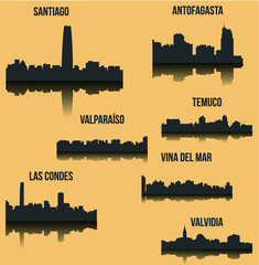 Set of 7 City silhouette in Chile ( Santiago, Vina del Mar, Valvidia, Antofagasta, Las Condes, Valparaiso, Temuco )