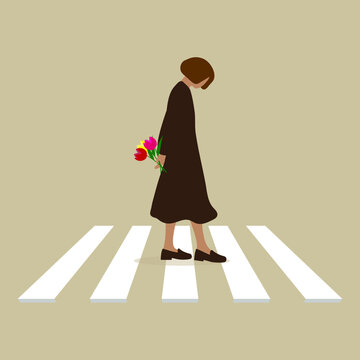 
Sad female character with flowers in her hands goes on a crosswalk
