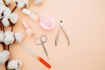 Beauty care concept. A set of professional tools for manicure top view.