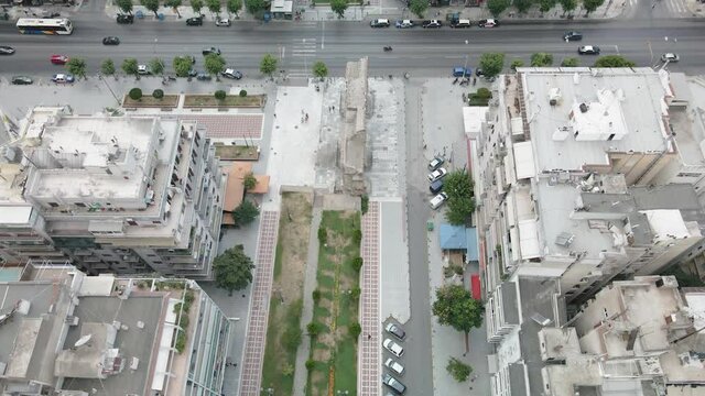 Thessaloniki, Greece aerial drone view of The Arch of Galerius Emperor. Day top panorama Kamara monument at Egnatia street, built to celebrate Galerius victory over the Persians in 298 AD.