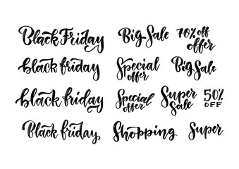 Black Friday sales brush lettering inscriptions set. Handmade typography labels for advertising. Vector vintage illustration for ad banners.