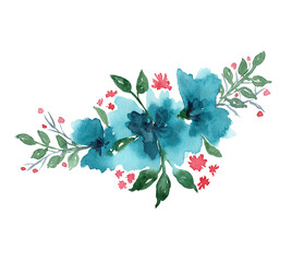 Bright watercolor blue and pink flowers and green leaves. Colorful painting floral composition with tender leaves and flowers for invitation, wedding or greeting cards design, sticker, banner decor