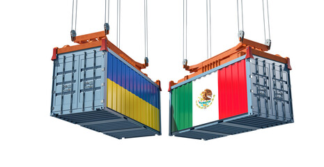 Cargo containers with Mexico and Ukraine national flags. 3D Rendering 