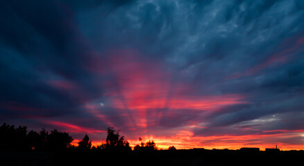 beautiful sunset with clouds, diverging rays of light over the city and tall trees. Dark blue sky, pink rays, orange sunset