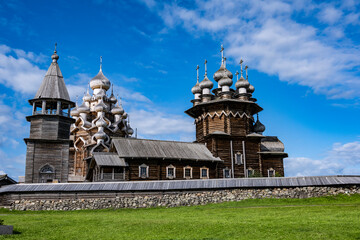 a fantastically beautiful old wooden ensemble of the temple complex on the Kizhi island