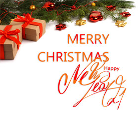 Christmas card. Merry Christmas and happy New year. Text with Christmas evergreen branches, Christmas toys and gifts on a white background