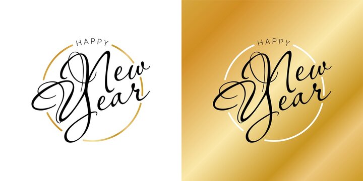 Happy New Year hand lettering calligraphy isolated on white background. Vector holiday illustration element. Golden eve inscription text
