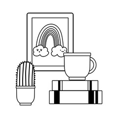 coffee cup books cactus and frame isolated icon line style