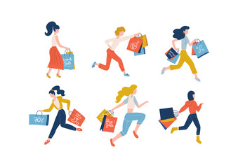 Collection of women carrying shopping bags taking part in seasonal sale. Set of shopper girls addicted to buying in shop, store, mall or showroom. Colorful flat vector illustration.
