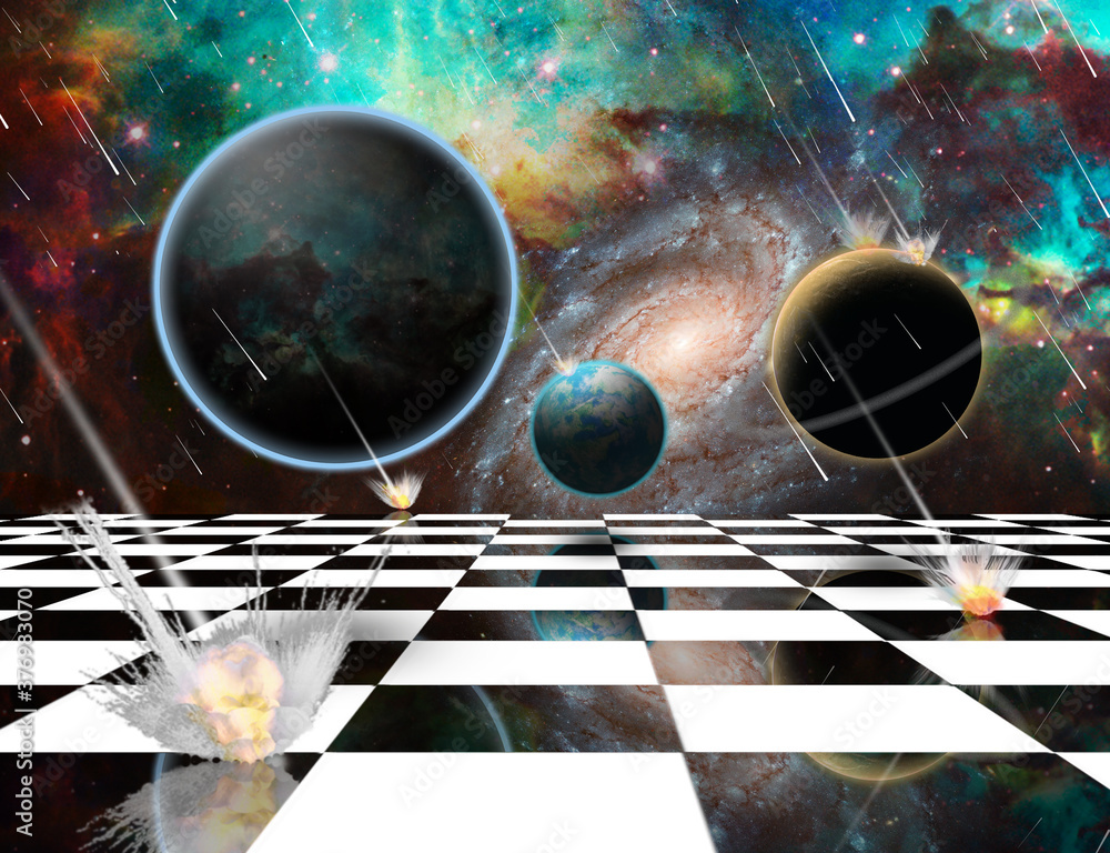 Poster surreal composition. armageddon. asteroids destroy planets. chessboard in the universe. 3d rendering
