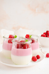 Raspberry yogurt panna cotta or mousse with fresh raspberries on top in jars on a light background....