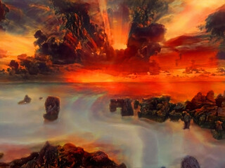 Red sunset over ocean. 3D rendering