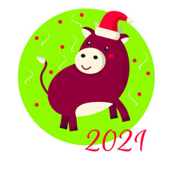 Happy New Year vector Illustration with funny bull on green background. For postcards, polygraphy, web-design, etc